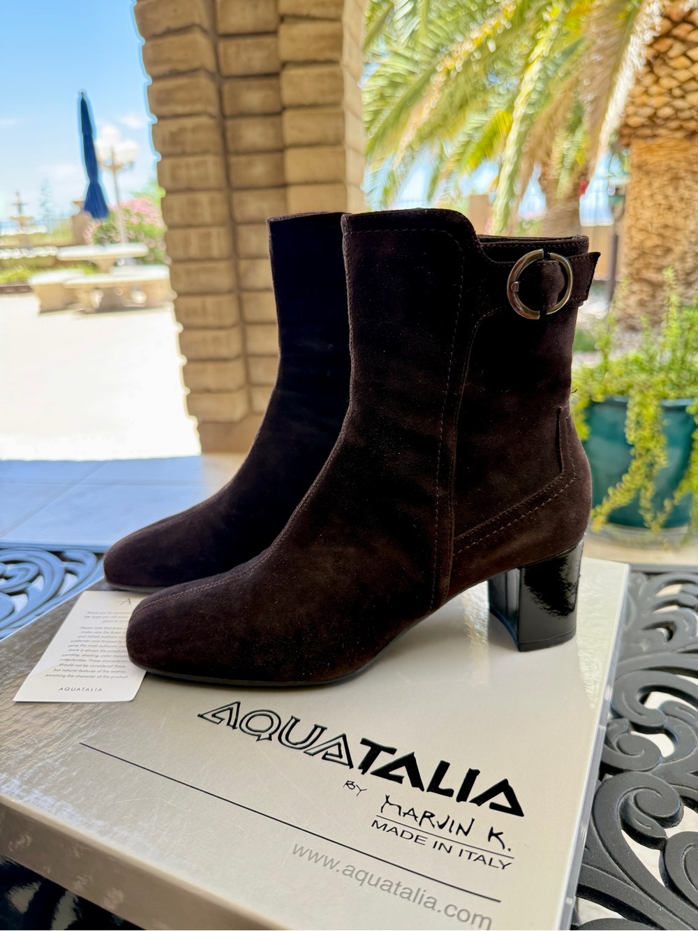 Aquatalia Elitis-S Espresso Nappa Dark Brown Suede Ankle Booties with Buckle